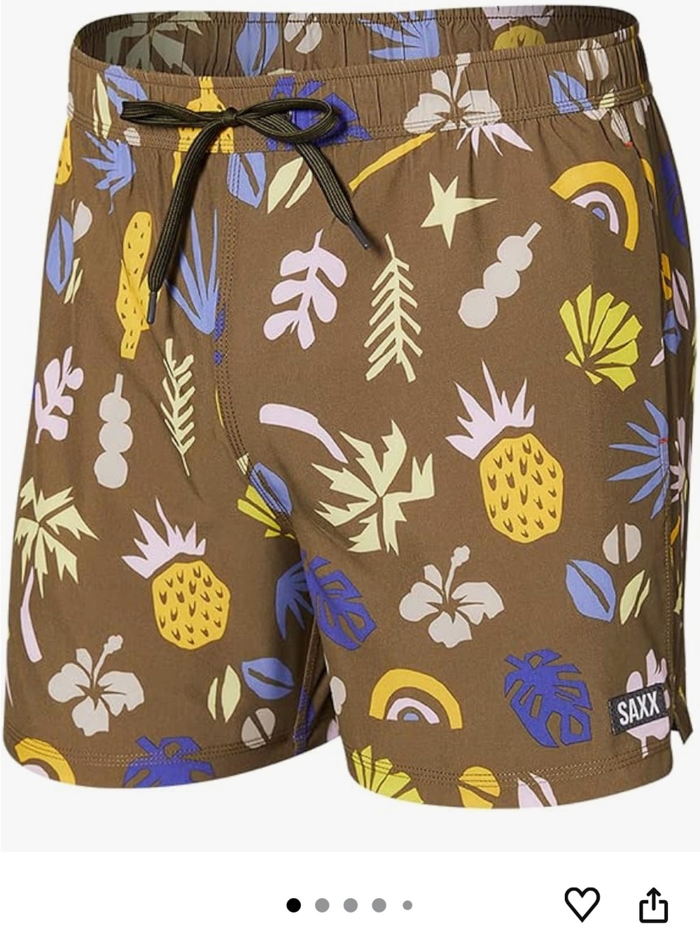 Saxx Olive Tropical Print swim Shorts with Yellow & Blue Accents